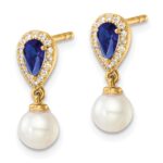 14K White Round Freshwater Cultured Pearl/.09 carat Diamond/Pear Sapphire Dangle Post Earrings - Image 2