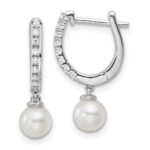 14k White Gold 1/10 carat Lab Grown Diamond VS/SI+ G+ and 5.50 mm Round Freshwater Cultured Pearl Complete Hinged Hoop Earrings