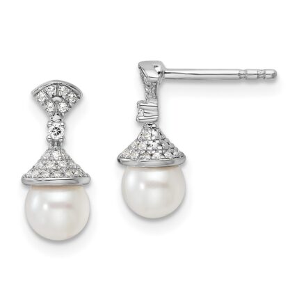 14K White Gold Polished 1/8 carat Diamond and White Freshwater Cultured Pearl Drop Post Earrings