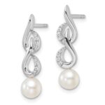 14K White Gold Polished 1/15 carat Diamond and White Freshwater Cultured Pearl Drop Post Earrings - Image 2