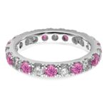 14k White Gold 1 carat Lab Grown Diamond VS/SI+ G+ and Lab Created Pink Sapphire Size 6 Eternity Band - Image 4