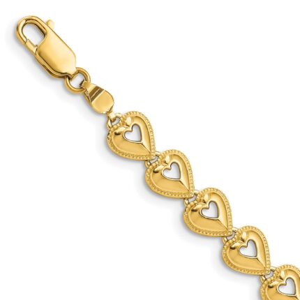 14K Polished Beaded Cut-out Hearts 7 inch Bracelet