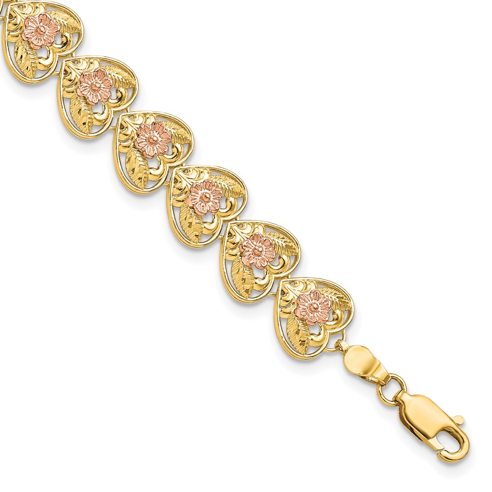 FB1850-7.25.jpg 14k Two-tone Diamond-cut Hearts with Flowers 7.25 inch Bracelet - Image 1