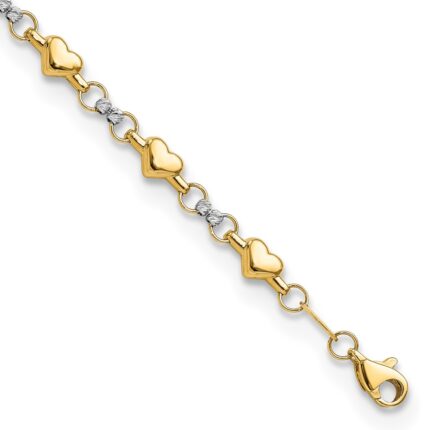 14K Two-tone Polished Puffed Hearts with Diamond-cut Beads 7.5 inch Bracelet