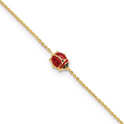 14k Polished Red and Black Enameled Ladybug 6.5 inch Childrens Bracelet Plus 0.75 inch Extender
