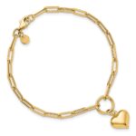 14K Polished Puffed Heart Dangle Paper Clip Link 7.25 inch Bracelet - Image 4