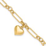 14K Polished Puffed Heart Charm Dangle Figaro Link 7.5 inch Bracelet