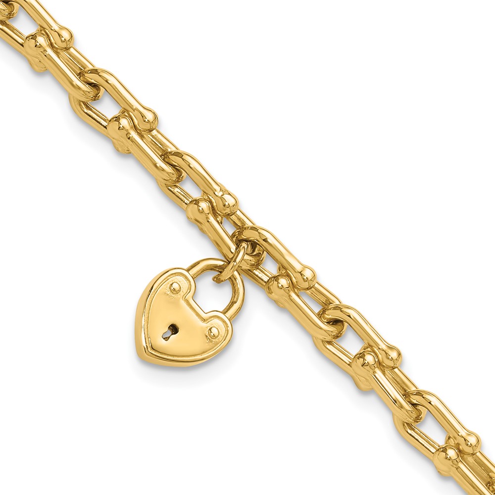 FB1985-7.5.jpg 14K Polished Heart Lock Charm Fancy Link 7.5 inch Bracelet - Image 1