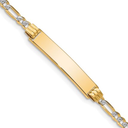 14k Polished with Rhodium Pav‚ Solid Chain/Solid Plate Figaro Link 25.5x5mm Plate ID Bracelet