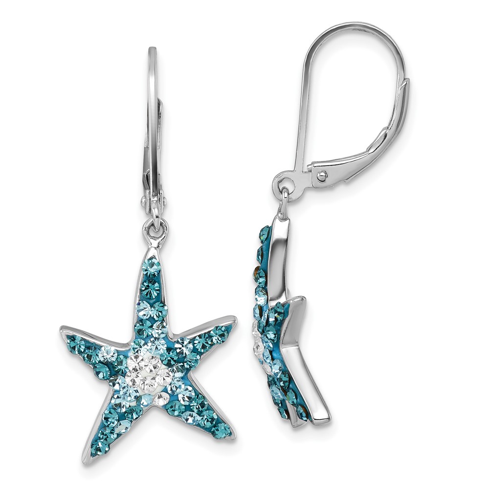 IE-007.jpg Sterling Silver Rhodium-Plated Polished Blue and White Crystal Starfish Leverback Earrings - Image 1