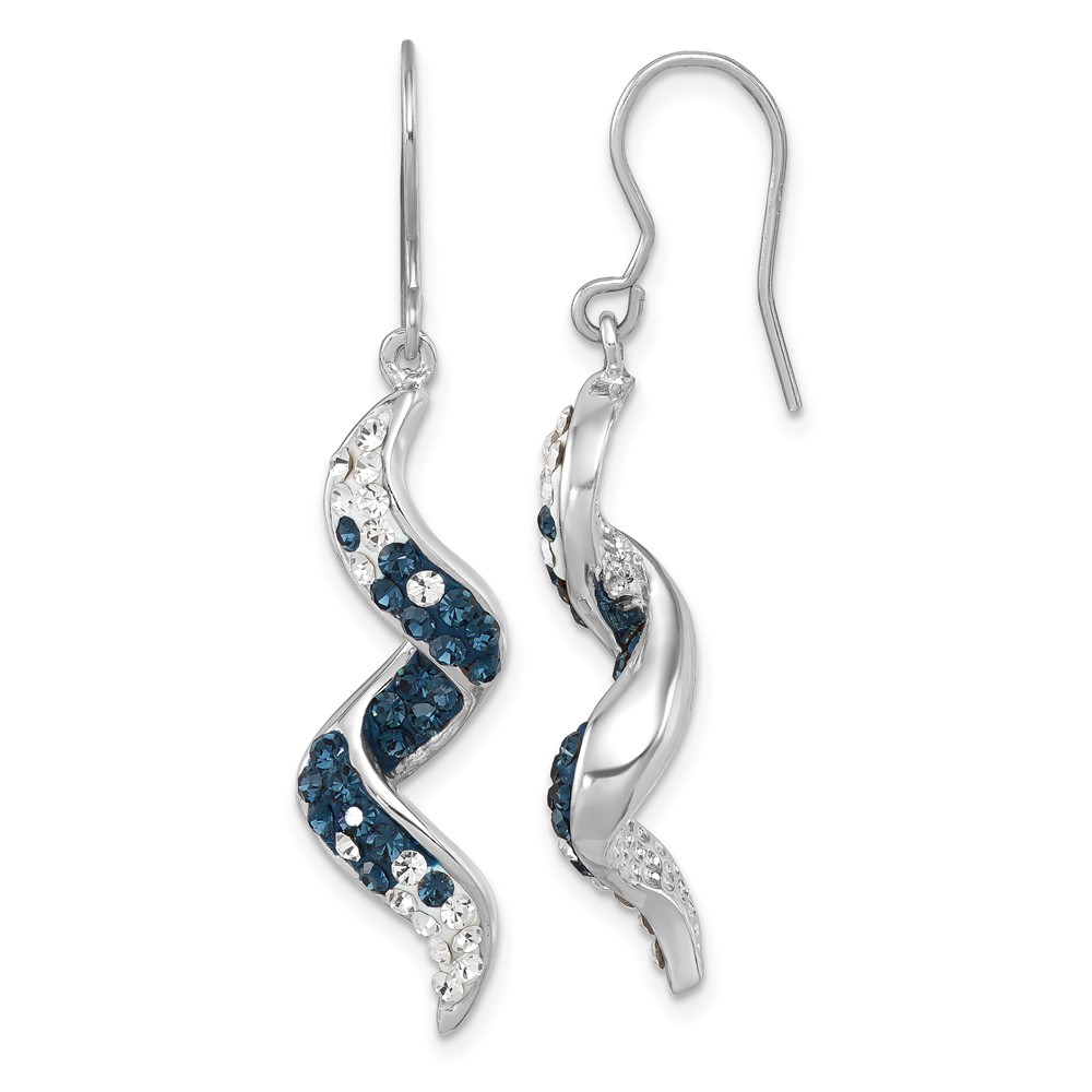 IE-011.jpg Sterling Silver Rhodium-Plated Polished Long Twirl White and Blue Crystal Wave Dangle Earrings - Image 1
