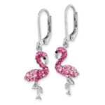 Sterling Silver Rhodium-plated Polished Pink Crystal Flamingo Leverback Earrings - Image 2