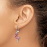 Sterling Silver Rhodium-plated Polished Pink Crystal Flamingo Leverback Earrings - Image 3