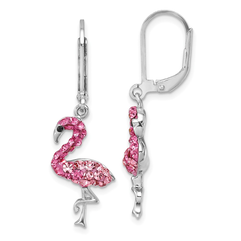 IE-121L.jpg Sterling Silver Rhodium-plated Polished Pink Crystal Flamingo Leverback Earrings - Image 1