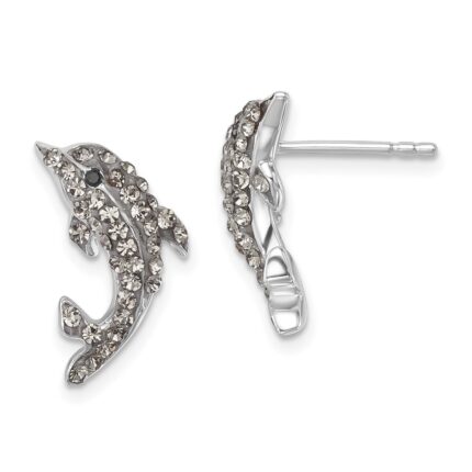 Sterling Silver Rhodium-plated Polished Pale Blue Crystal Dolphin Post Earrings