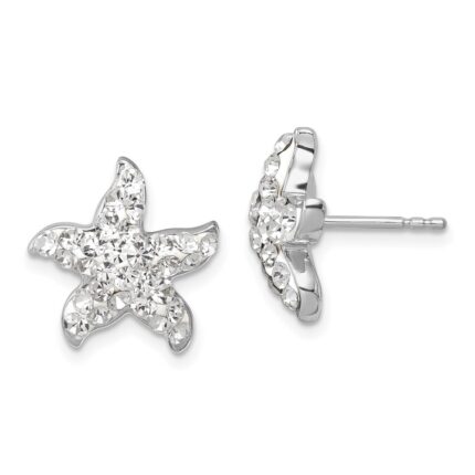 Sterling Silver Rhodium-plated Polished White Crystal Starfish Post Earrings