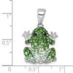 Sterling Silver Rhodium-plated Polished Green and White Crystal Frog Pendant - Image 5