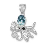 Sterling Silver Rhodium-plated Polished Blue Crystal Octopus Pendant - Image 4