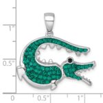 Sterling Silver Rhodium-plated Polished Green Crystal Alligator Pendant - Image 5