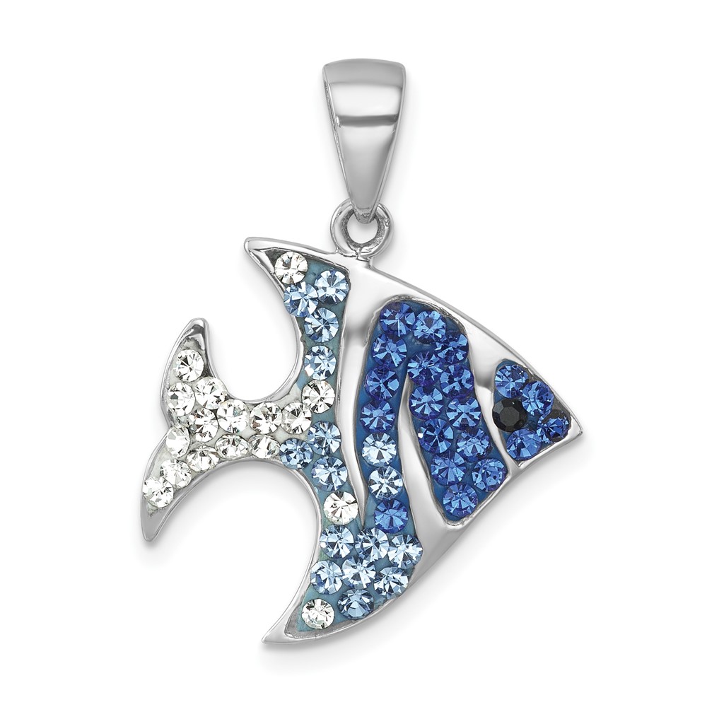 IP-671.jpg Sterling Silver Rhodium-plated Polished Blue and White Crystal Angel Fish Pendant - Image 1