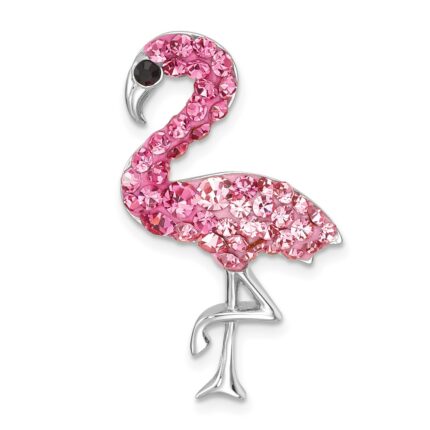 Sterling Silver Rhodium-plated Polished Pink Crystal Flamingo Pendant
