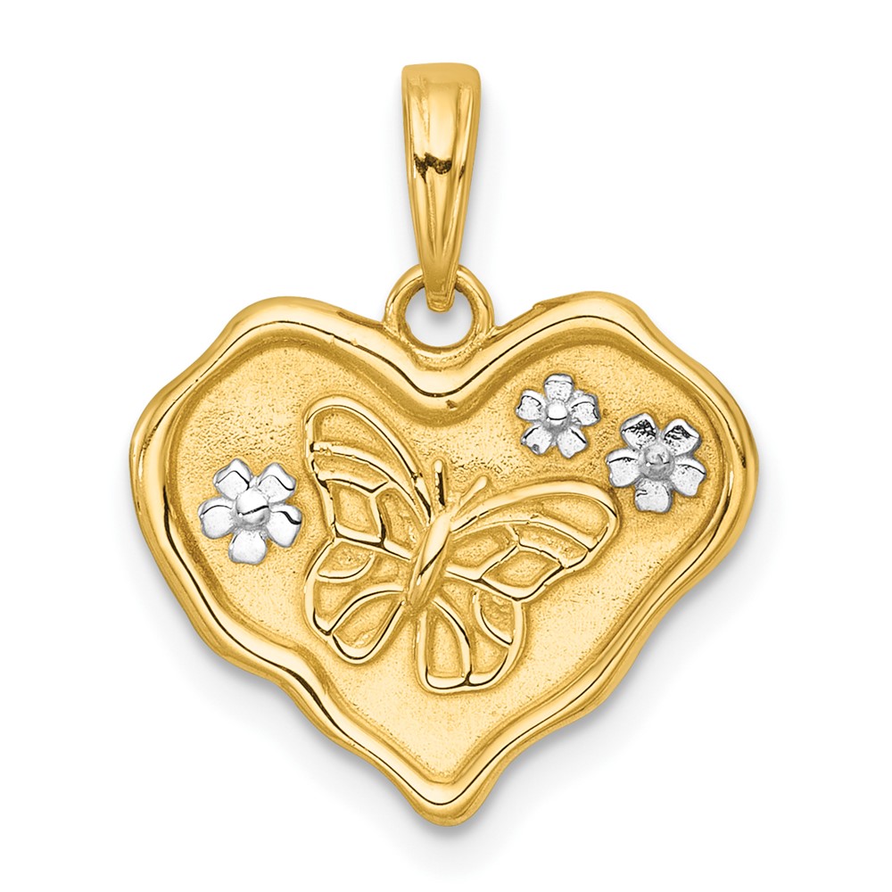 K10000.jpg 14k with White Rhodium Polished And Brushed Butterfly and Flowers In Wavy Heart Pendant - Image 1