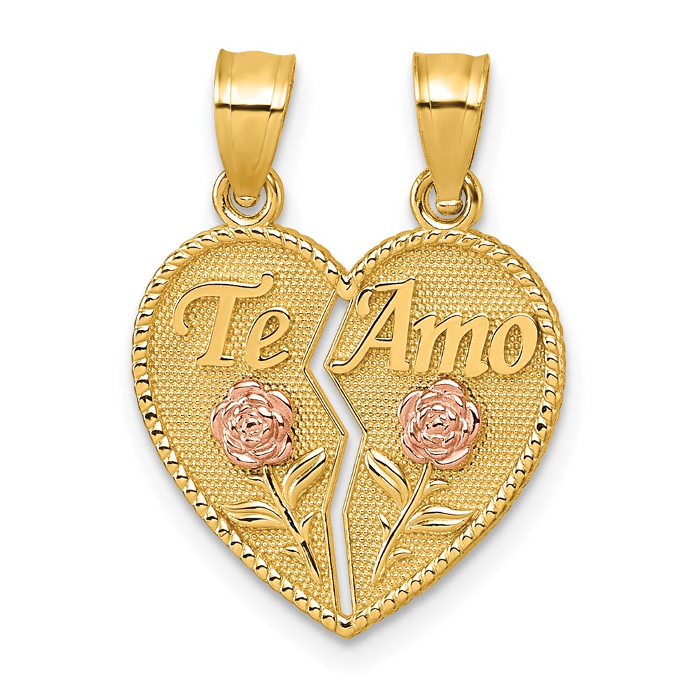 K10002.jpg 14k Two-tone Polished Break-Apart Heart With TE AMO And Roses Pendant - Image 1