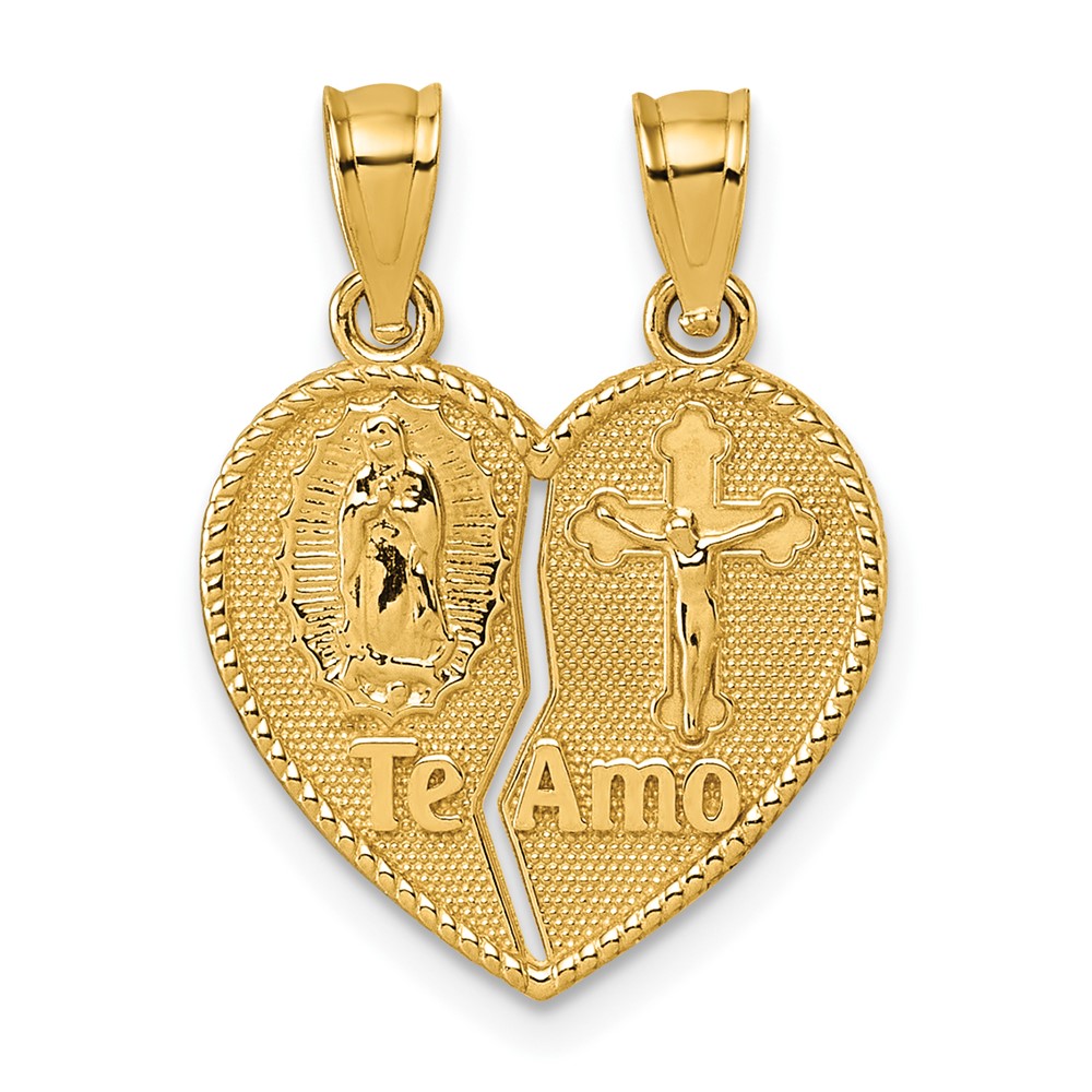 K10003.jpg 14k Polished Spanish TE AMO Our Lady of Guadalupe and Crucifix Break-apart Heart Pendant - Image 1
