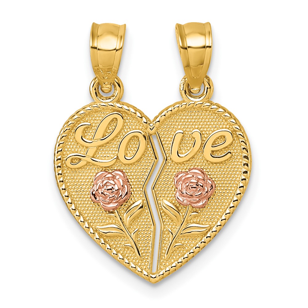 K10006.jpg 14k Two-tone Polished Break-Apart Heart With LOVE And Roses Pendant - Image 1