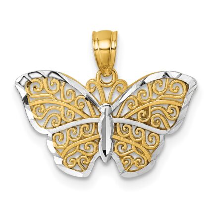 14k Polished with Rhodium Diamond-cut Filigree Butterfly Pendant
