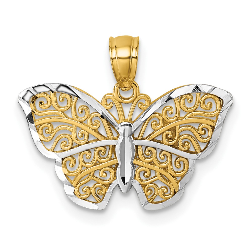 K10029.jpg 14k Polished with Rhodium Diamond-cut Filigree Butterfly Pendant - Image 1