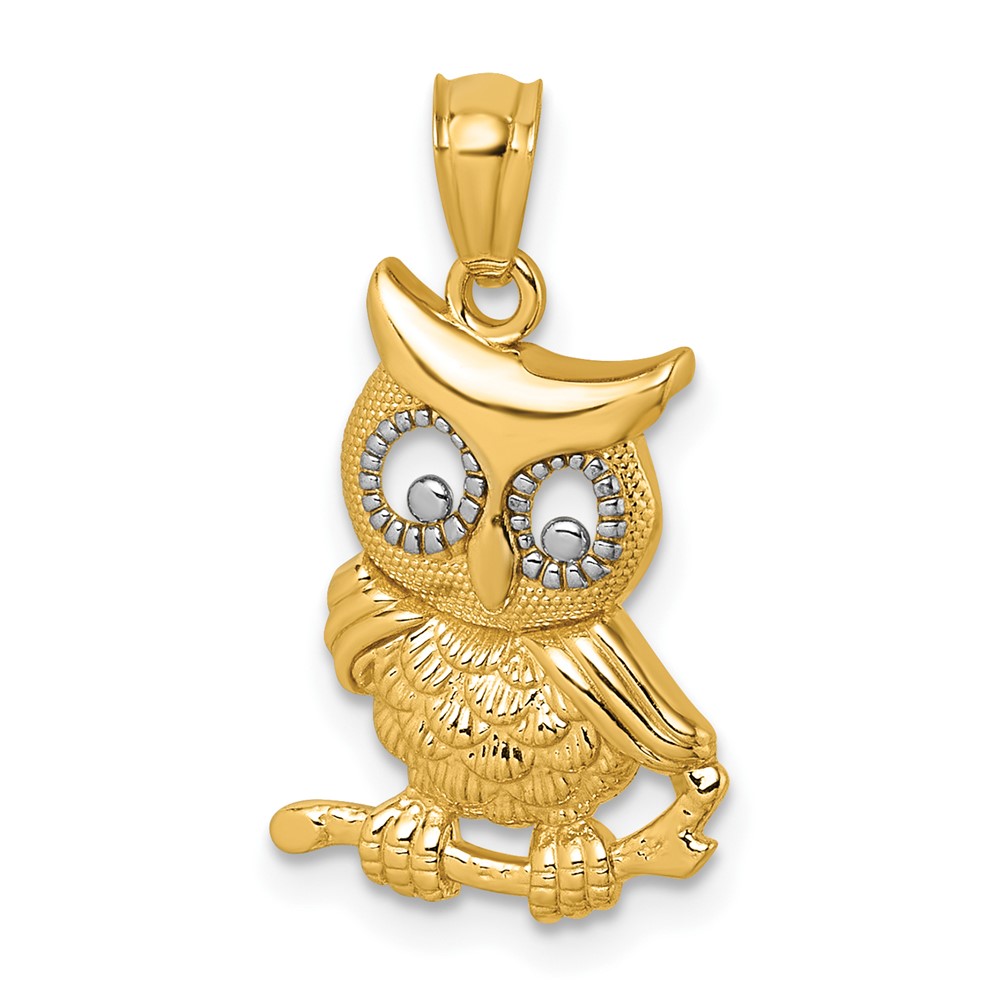 K10055.jpg 14k and White Rhodium Polished and Textured Owl Pendant - Image 1