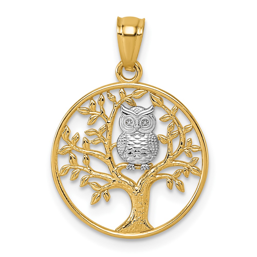 K10056.jpg 14k and White Rhodium Textured Owl Sitting In Tree In Circle Pendant - Image 1
