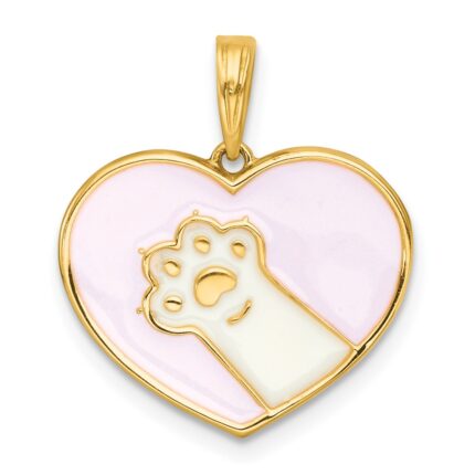 14k Polished White Enamel Paw In Pink Heart Charm
