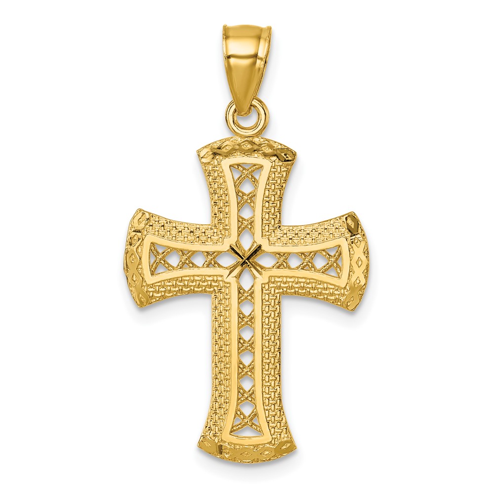 K10085.jpg 14k Polished Diamond-cut Textured Fancy Pierced Lattice Design Cross Pendant - Image 1