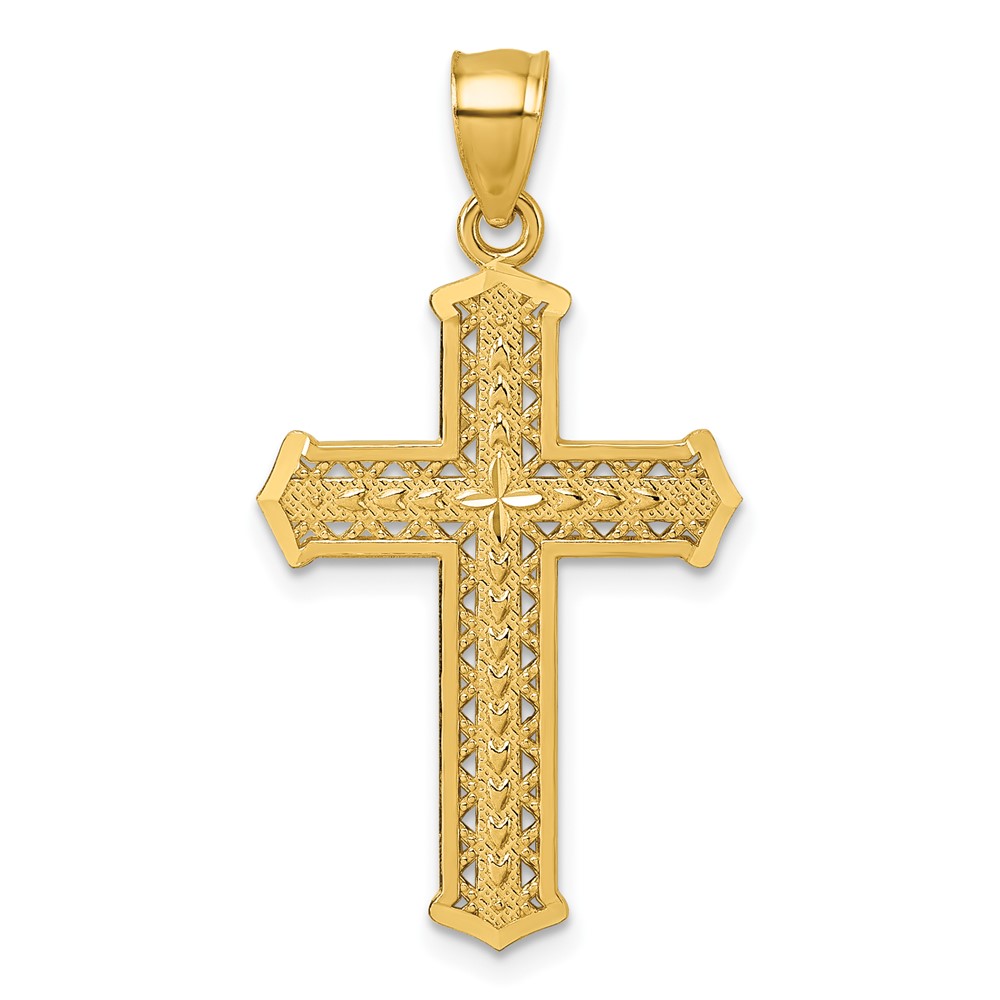 K10087.jpg 14k Polished Diamond-cut Textured Fancy Pierced Design Cross Pendant - Image 1
