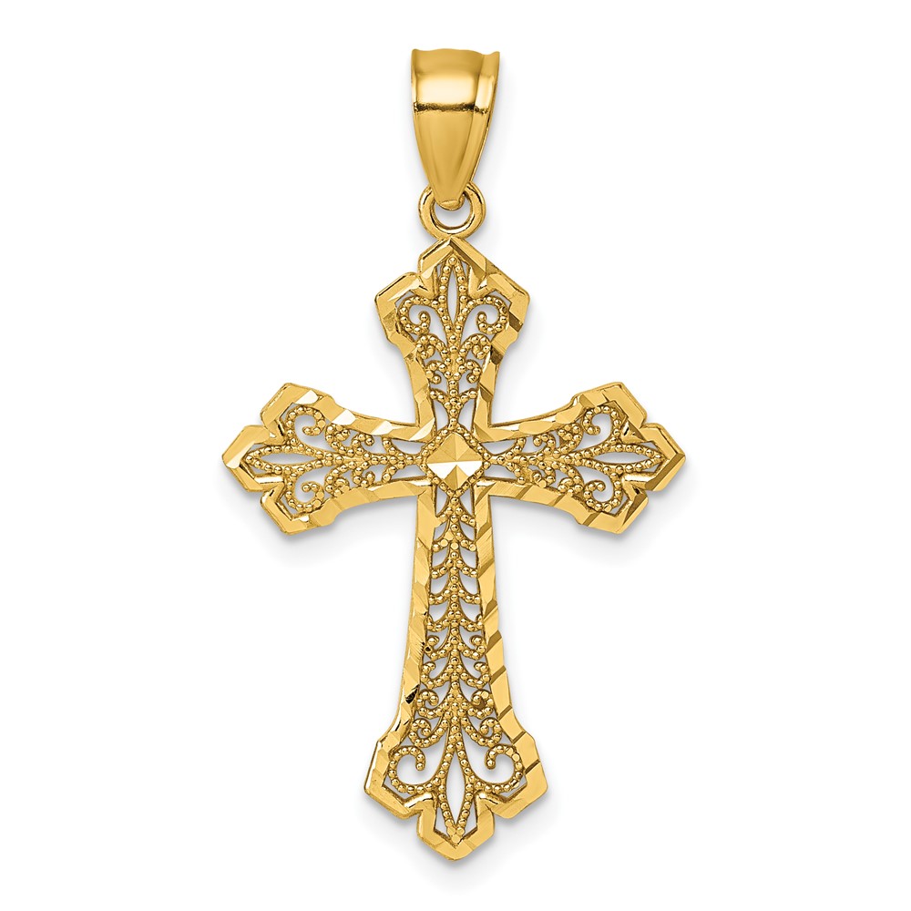 K10089.jpg 14k Polished Diamond-cut Fleur de Lis Filigree Textured Fancy Cross Pendant - Image 1