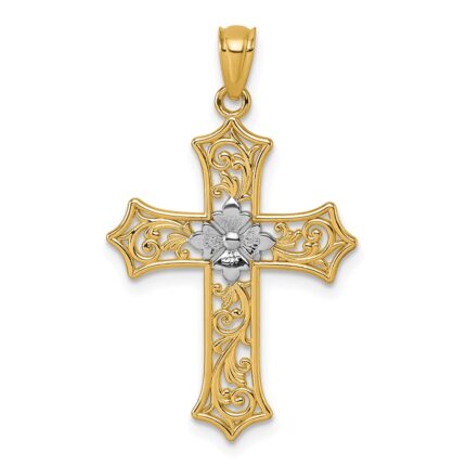 14k and Rhodium Polished Center Flower Filigree Cross Pendant