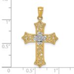 14k and Rhodium Polished Center Flower Filigree Cross Pendant - Image 4