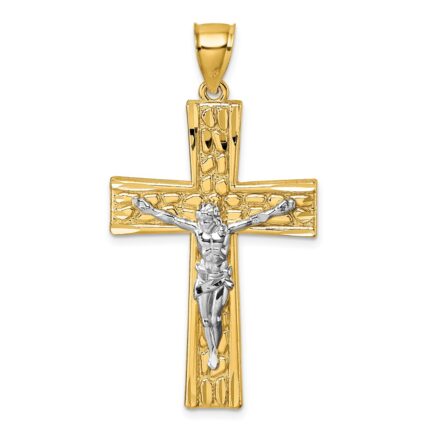 14k and White Rhodium Polished Diamond-cut Nugget Crucifix Pendant