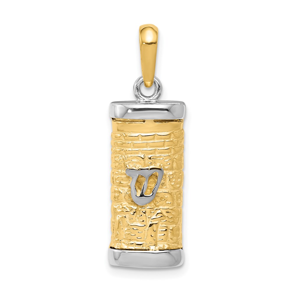 K1312.jpg 14K Two-Tone 3-D Mezuzah with Shin Pendant - Image 1