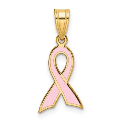 14k Small Pink Enameled Awareness Ribbon Pendant