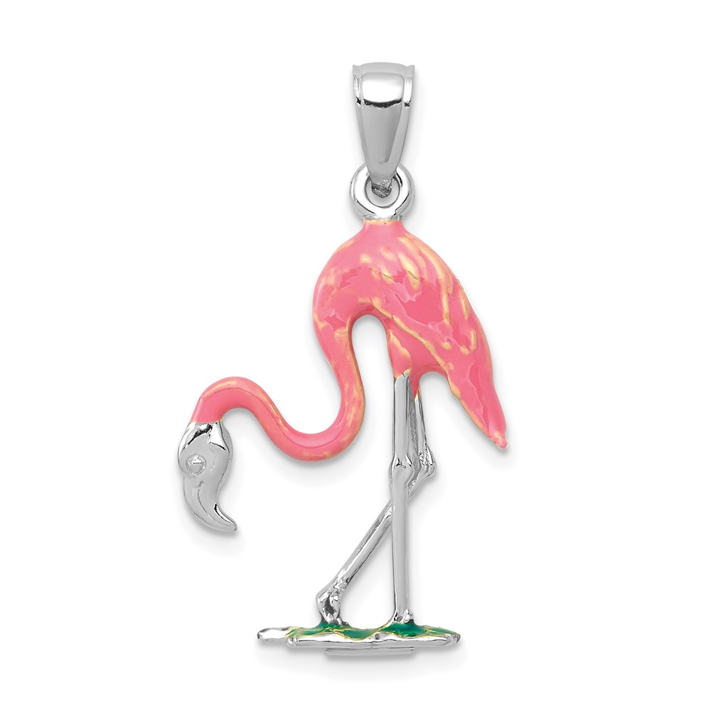 K1905W.jpg 14K White Gold Enameled 3-D Pink Flamingo Pendant - Image 1
