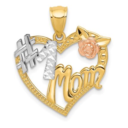 14k Two-tone with White Rhodium #1 MOM with Flower Heart Pendant