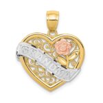 14k Two-tone with White Rhodium GRANDMA Heart with Rose Pendant