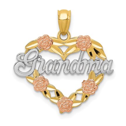 14k Two-tone with White Rhodium GRANDMA Heart with Flowers Pendant