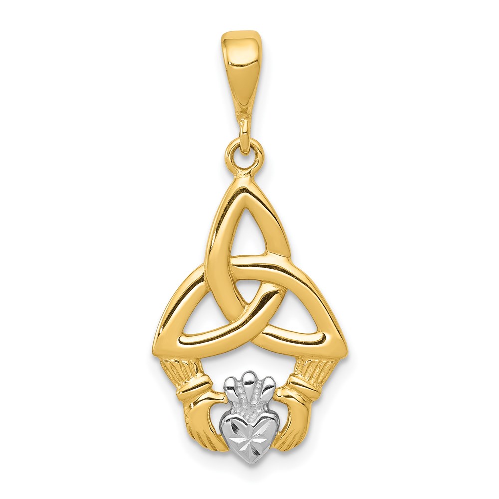 K2744.jpg 14K and White Rhodium Diamond-cut Claddagh Trinity Knot Pendant - Image 1