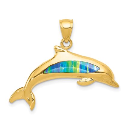 14K Lab Created Opal Dolphin Pendant