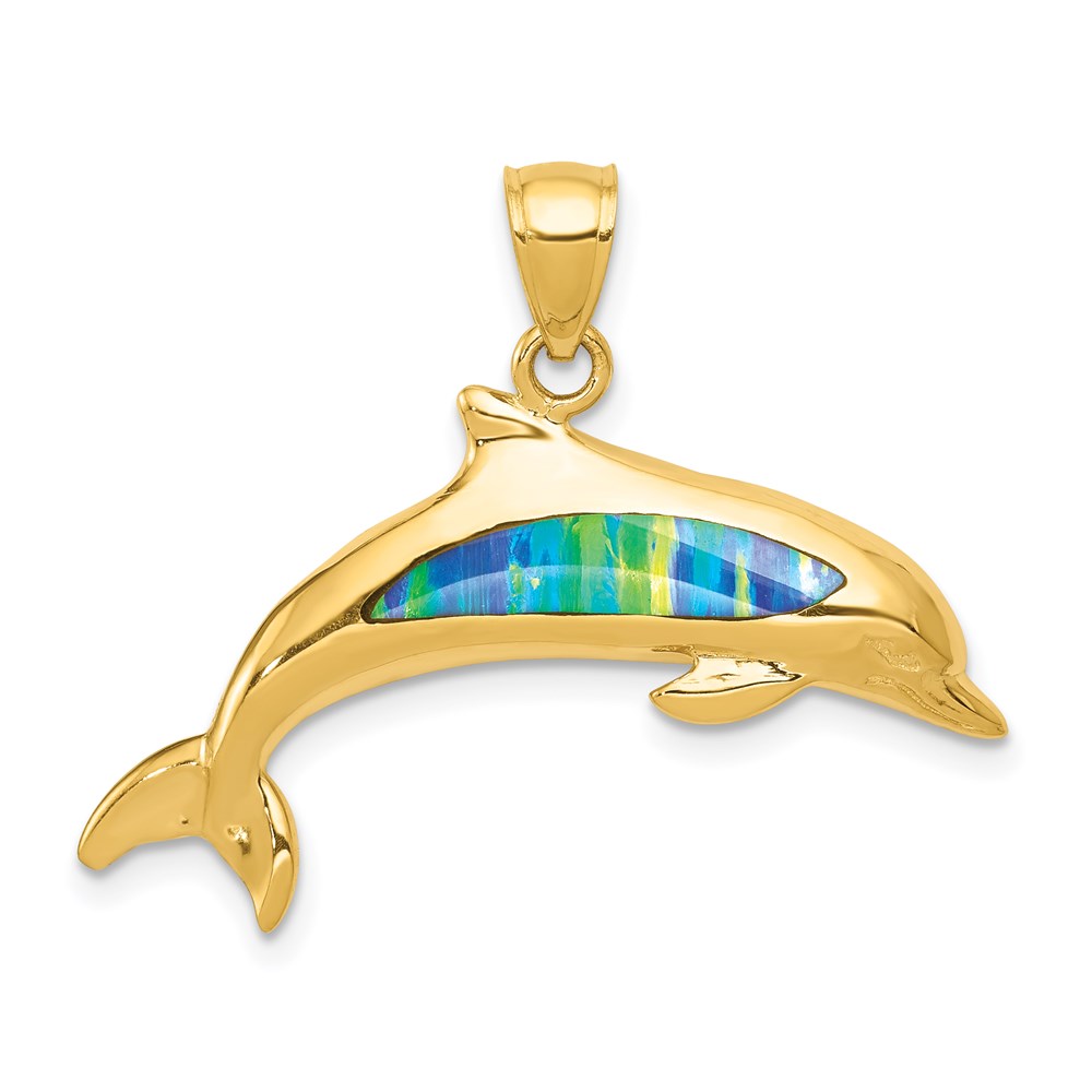 K3008.jpg 14K Lab Created Opal Dolphin Pendant - Image 1
