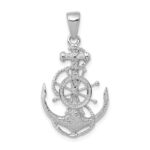 14K White Gold Medium Anchor with Rope and Ships Wheel Pendant